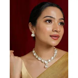 Teejh Noor Light Gold Uncut Stone Necklace Set-image-47