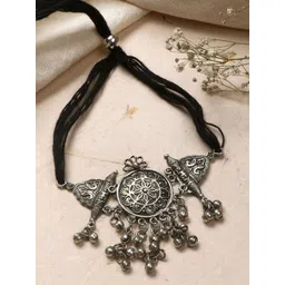 TEEJH Oxidised Silver-Plated & Black Amrita Choker Necklace-picture-11