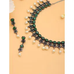 TEEJH Oxidised Silver-Plated Green & White Stone-Studded & Pearl-Beaded Handcrafted Jewellery Set-picture-17
