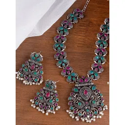 TEEJH Oxidised Silver-Plated Green Artificial Stones-Studded Nishka Jewellery Set-picture-18