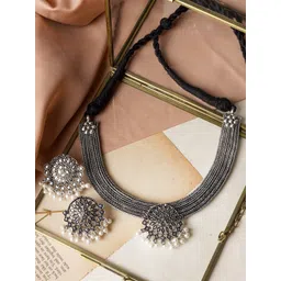 TEEJH Oxidised Silver-Plated White Pearl Beaded Laasya Jewellery Set-picture-40