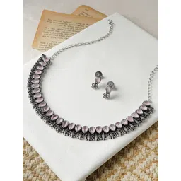 TEEJH Pink Blossom Stone-Studded Oxidised Jewellery Set-picture-24