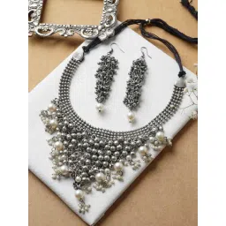 Teejh Ruksaar Silver Oxidised Pearl Necklace Set-picture-46