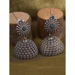 TEEJH Silver-Plated & Green German silver Antique Dome Shaped Jhumkas-picture-15