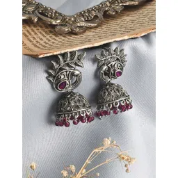 TEEJH Silver-Plated Oxidised Contemporary Jhumkas Earrings-picture-41