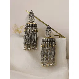 TEEJH Silver-Plated Oxidised Jhumkas Earrings-picture-18