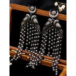 TEEJH Silver-Plated Oxidised Peacock Shaped Drop Earrings-picture-30