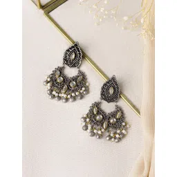 TEEJH Silver-Plated Stone-Studded & Beaded Oxidised Contemporary Chandbalis Earrings-picture-38