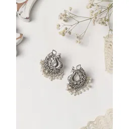 TEEJH Silver-Toned & White Stones & Pearls Studded Oxidised Contemporary Studs Earrings-picture-12