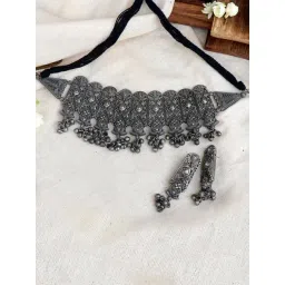 Teejh Spruha Silver Oxidized Choker Necklace & Earrings-picture-19