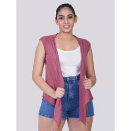 TEEMOODS Women Pink Solid Sleeveless Waterfall Cotton Shrug-picture-27