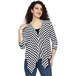 teemoods Women's Striped Cotton Waterfall Jacket Poncho, Navy, L-picture-18