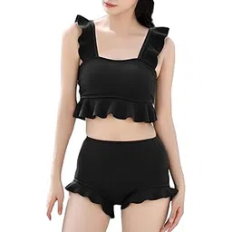teen keep Women's Tankini Swimsuit, Body Cover, Rash Guard, Half Pants, Top and Bottom Set, Bikini, Separate, Oversize, Cute, Plain, Bustier Style, Black, 20's, 30's, 40's, Mom Swimsuit, Upper Arms-picture-29