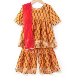 Teentaare Cotton Full Sleeves Kurta & Gharara Set with Dupatta Floral Print - Yellow-picture-19