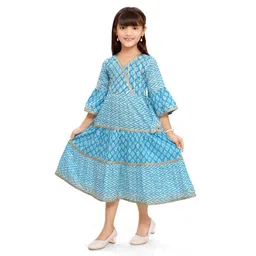 Teentaare Cotton Three Fourth Sleeves Ethnic Dress with Lace Detailing - Turquoise Blue-picture-18