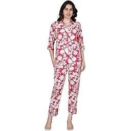 Meezup Women Printed Cotton Rayon Co-ord Set for Women | Comfortable Lounge Set | Modern Relaxed Fit Shirt and Trousers-image-9