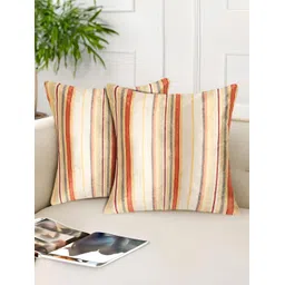 Tesmare Cream-Coloured & Off White 2 Pieces Striped Velvet Square Cushion Covers-picture-13