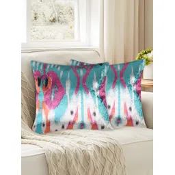 Tesmare Off White & Blue 2 Pieces Ethnic Motifs Printed Velvet Square Cushion Covers-picture-10