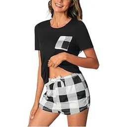 tesmezy Women Soft Graphic Pajamas Sets Short Sleeve Top with Shorts 2 Piece Lounge Set (Black)-picture-29