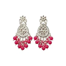 TESSARA Silver-Plated Artificial Stones Studded And Beaded Teardrop Shaped Drop Earrings-picture-31