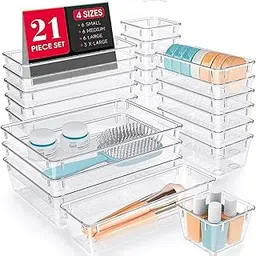TEX-RO Drawer Organizer Tray/Multi-Purpose Drawers Organisers/Dressing Table Organiser & Make up Organiser/Perfect for Cosmetics, Jewelry, Kitchen and Bathroom (21 pcs, Transparent)-picture-17