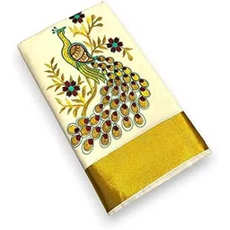 texation Women's Kerala Kasavu Embroidry Cotton Saree With Running Blouse Piece (Grape Peacock)(Saree 5.5 meter, Blouse 0.8 meter) image 1