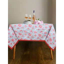 Texstylers Blue & Red Floral Printed Anti-Slip Cotton 4-Seater Square Table Cover image 1