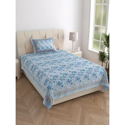 Texstylers Blue Floral 210 TC Pure Cotton Single Bedsheet With 1 Pillow Cover-picture-23