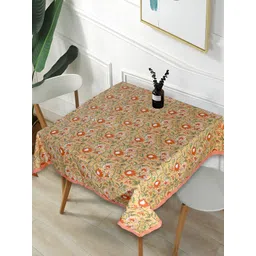 Texstylers Brown & Red Floral Anti Slip Cotton 4 Seater Table Cover-image-44