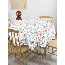 Texstylers Brown & White Floral Printed Anti Slip Cotton Round 4 Seater Table Cover-image-45