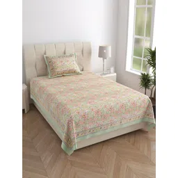 Texstylers Green & Pink Floral Pure Cotton 210 TC Single Bedsheet Set - 1.52 m x 2.29 m-picture-33