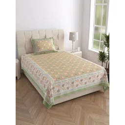 Texstylers Green& Yellow Floral Pure Cotton 210 TC Single Bedsheet Set - 1.52 m x 2.29 m-picture-26