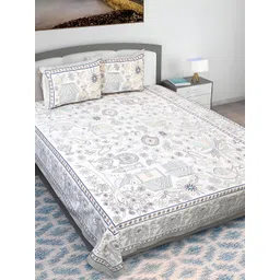 Texstylers Grey & White Floral Printed Cotton 210 TC Queen Bedsheet With 2 Pillow Covers-picture-27