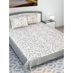 Texstylers Grey & White Floral Printed Cotton 210 TC Queen Bedsheet With 2 Pillow Covers-picture-28