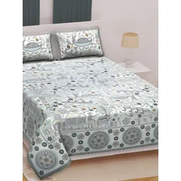 Texstylers Grey & White Floral Printed Cotton 210 TC Queen Bedsheet With 2 Pillow Covers-picture-36