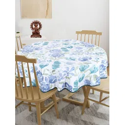 Texstylers Teal Blue & green Floral Printed Anti Slip Cotton Round 4 Seater Table Cover-image-14