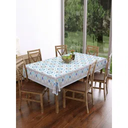 Texstylers White & Blue Ethnic Motifs Printed Anti-Slip Pure Cotton 6-Seater Table Cover-picture-21