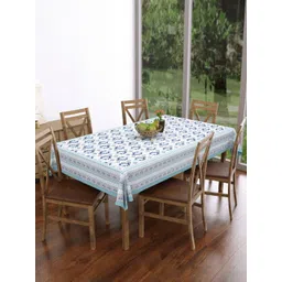 Texstylers White & Blue Ethnic Motifs Printed Pure Cotton 6-Seater Rectangle Table Cover-picture-28