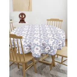 Texstylers  White & Blue Floral Anti Slip Cotton Round 4 Seater Table Cover-picture-36