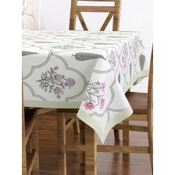 Texstylers White & Brown Floral Printed Anti-Slip Cotton 6-Seater Table Cover-image-31