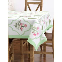 Texstylers White & Green Floral Printed Anti-Slip Cotton 6-Seater Table Cover-picture-27