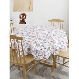 Texstylers White &  Orange 4-Seater Floral Anti-Slip Cotton Round Table Cover-picture-17