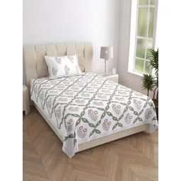 Texstylers White Floral 210 TC Pure Cotton Single Bedsheet With 1 Pillow Cover-picture-41