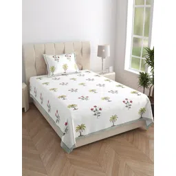 Texstylers White Floral 210 TC Pure Cotton Single Bedsheet With 1 Pillow Cover-picture-38