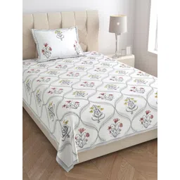 Texstylers White Floral Printed 210 TC Pure Cotton Single Bedsheet Set- 1.52 m X 2.29 m image 2