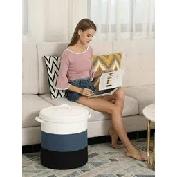 Textile and Beyond White & Grey Color Blocked Laundry Basket With Lid-picture-21