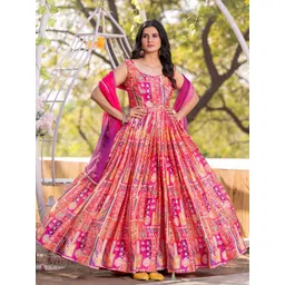 TextileNow Women Printed Fit and Flare Maxi Dress With Dupatta-picture-25