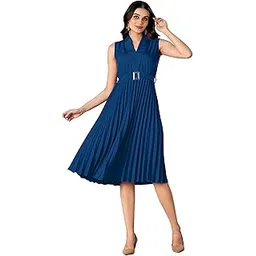 textilenow Women's Elegant Crepe Midi Dress | Fit & Flare Pleated Style with V-Neck, Sleeveless & Belted Waist | Office, Party & Casual Wear-picture-15