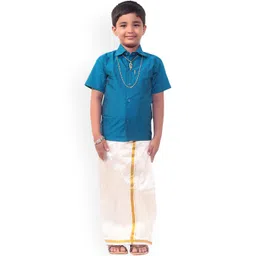 Thala-thalapathy Boys Blue & Off- White Solid Shirt and Veshti With Gift Set-picture-28