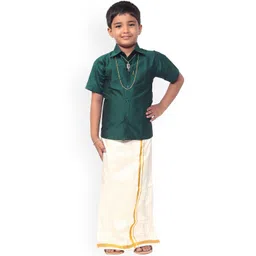 Thala-Thalapathy Boys Green & Gold-Coloured Solid Shirt with Veshti & Towel With Gift Set-picture-35